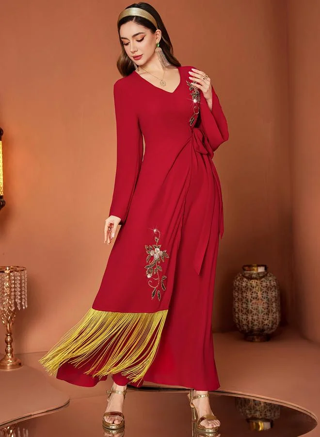 Take Two Women Red Rhinestone Embellished Golden Tassel Jalabiya